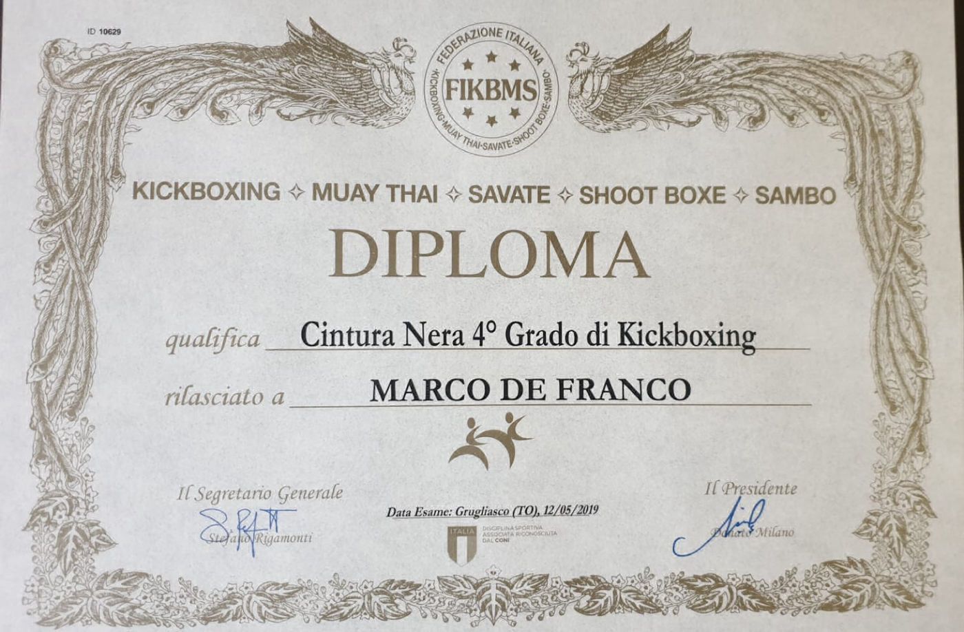 Diploma di Cintura Nera 4° Grado del Maestro De Franco