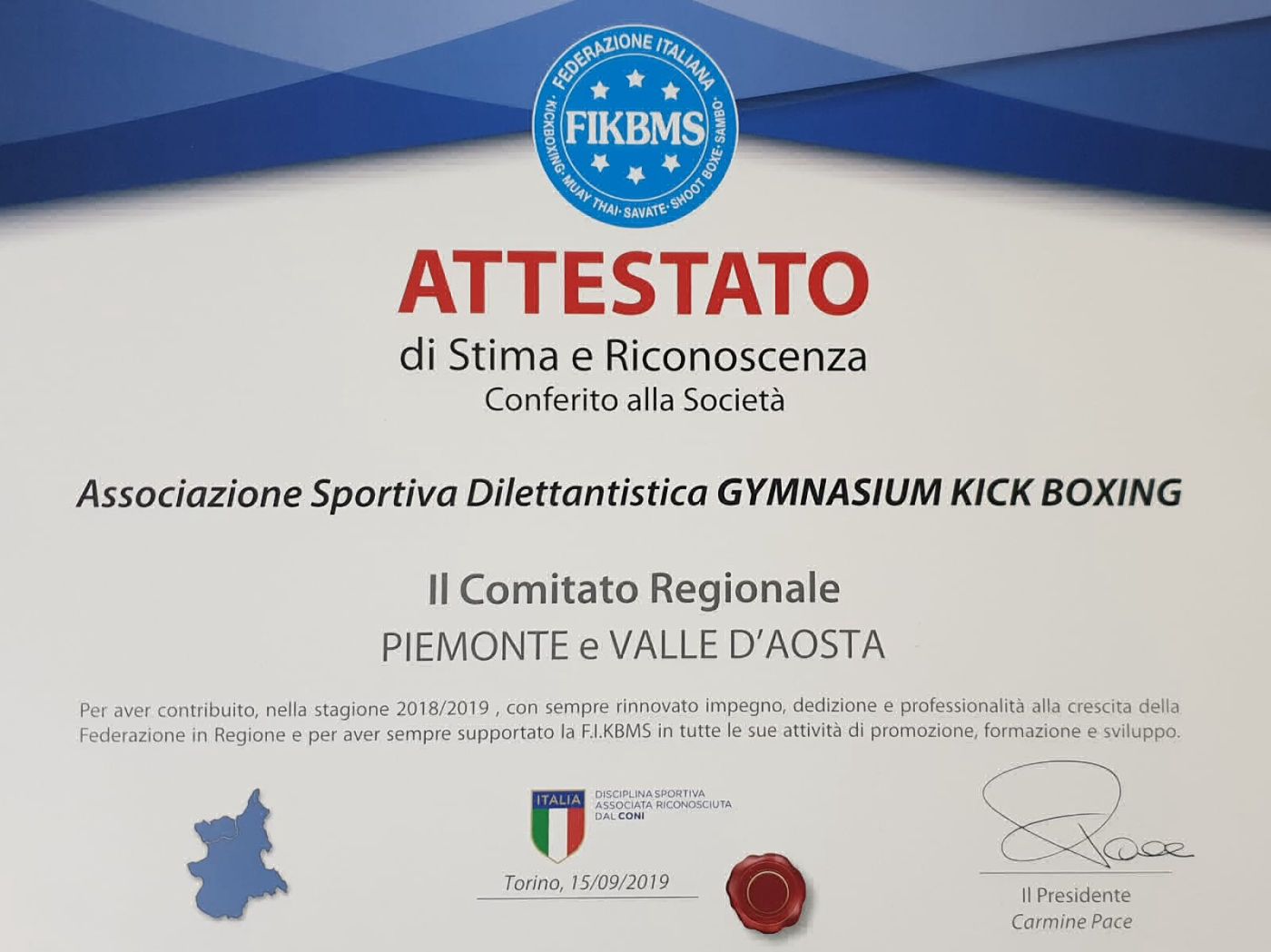 Attestato di riconoscimento della Federazione